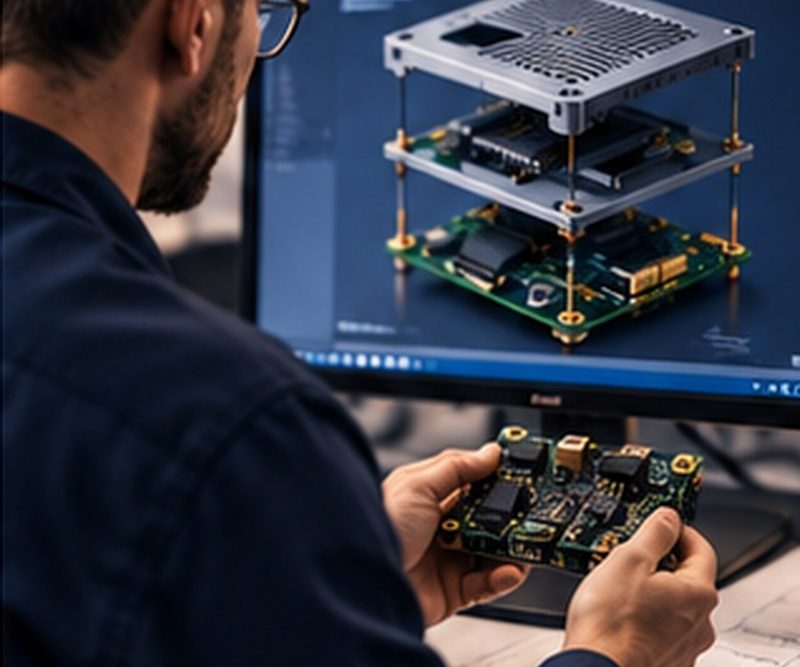 Engineer reviewing a board assembly against CAD on screen