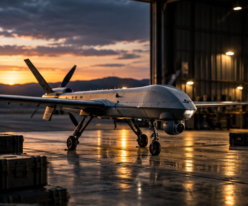 Unmarked unmanned aircraft on a hangar ramp at dusk