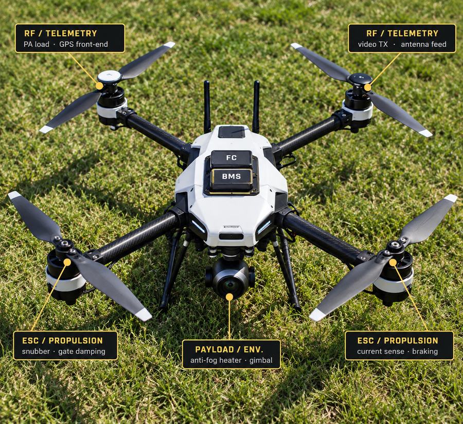 Quad-rotor airframe annotated with the subsystems Component General supplies: RF and telemetry at the forward rotors, ESC and propulsion at the aft rotors, flight controller and battery management on the body, and payload environmental heaters at the gimbal.