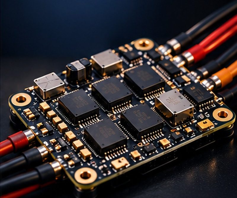 Close-up of a power electronics board with MOSFETs and heavy copper traces