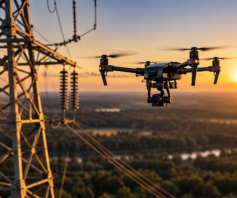 Multirotor drone inspecting a power transmission tower at sunset