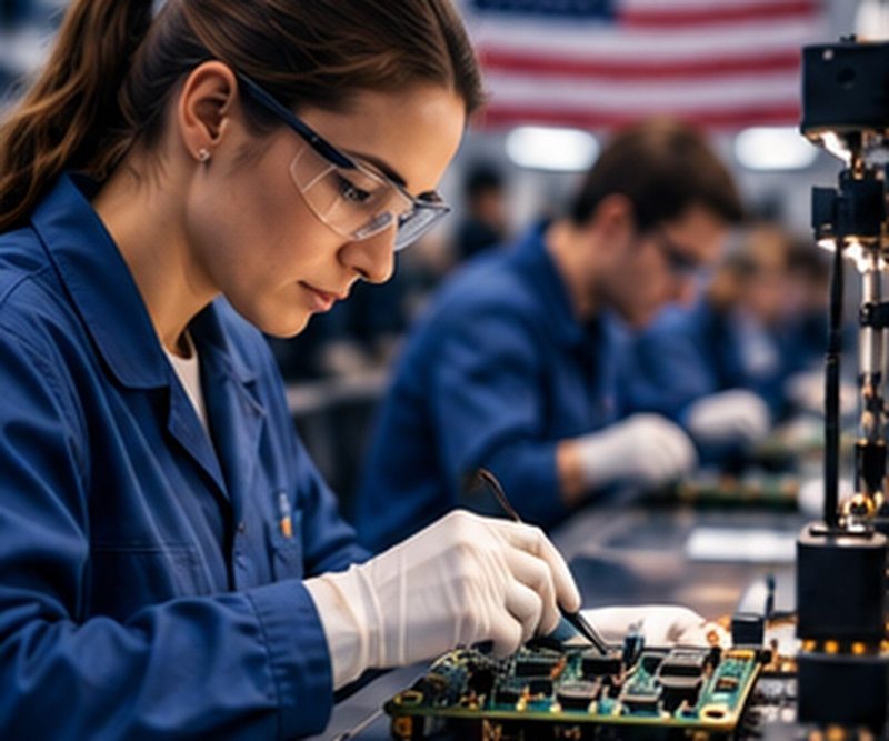 Technicians assembling circuit boards on a U.S. manufacturing floor