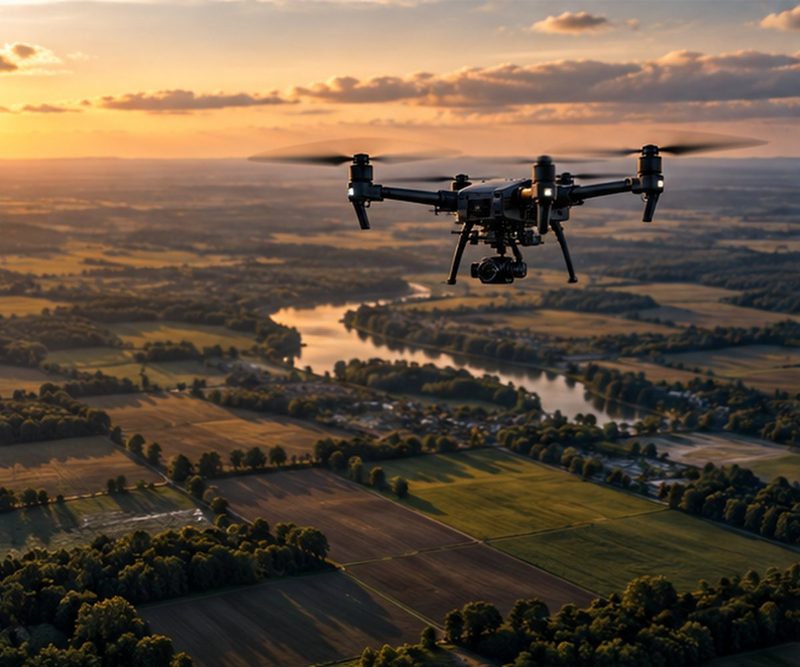 Survey drone flying over farmland and a river at golden hour