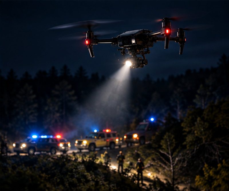 Drone with a searchlight over emergency vehicles at night