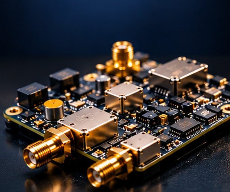Macro view of an RF board with gold-plated connectors and precision components