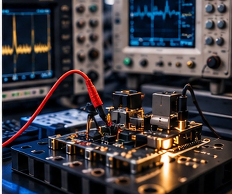 Electronics under test on a bench with oscilloscopes and instrumentation