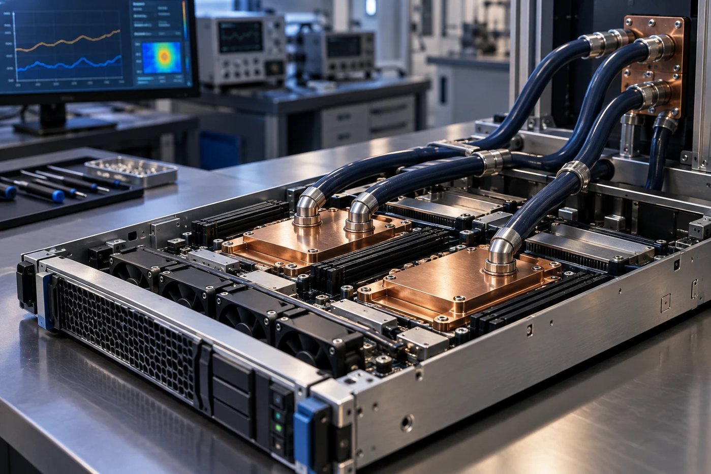 Liquid-cooled server tray on a laboratory bench with copper cold plates and coolant lines connected to instrumentation.
