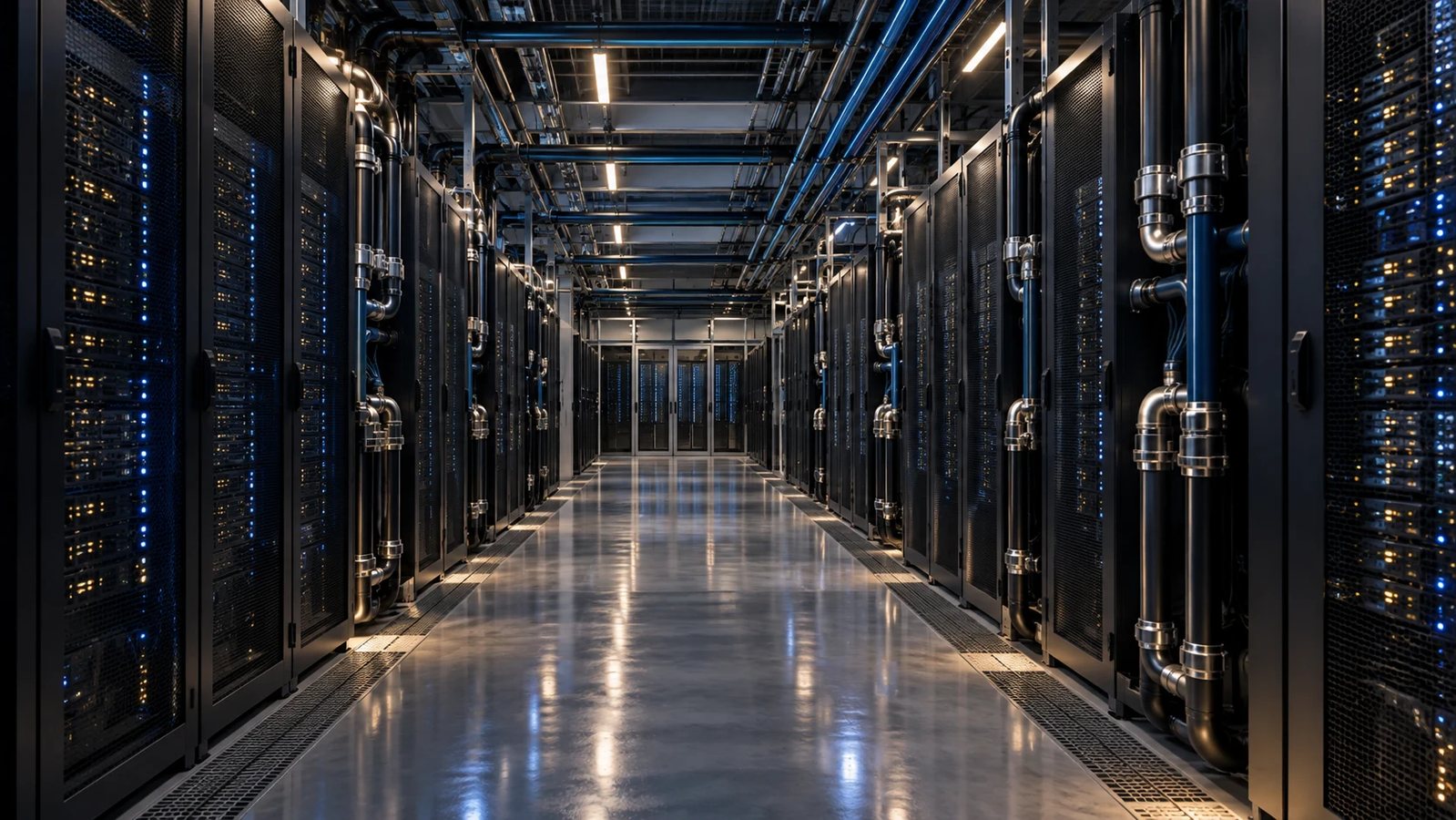 Liquid-cooled data center aisle with coolant distribution piping running to server racks.